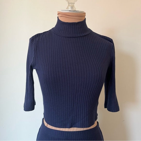 Reformation Navy Blue Ribbed Knit Leia Turtleneck Top Midi Skirt Set EUC Small - Picture 5 of 12